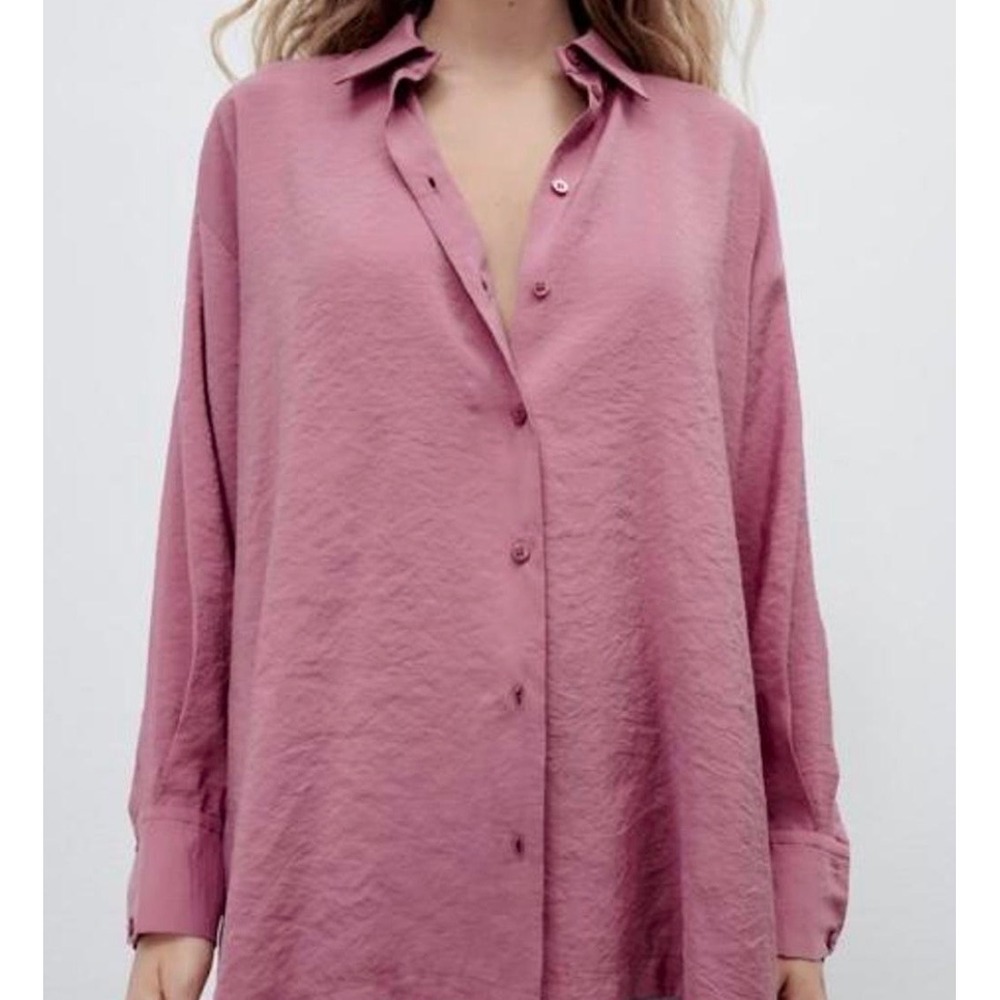 Zara Womens Oversized Button Down Shirt Mauve Pink Modal Blouse XS NWOT